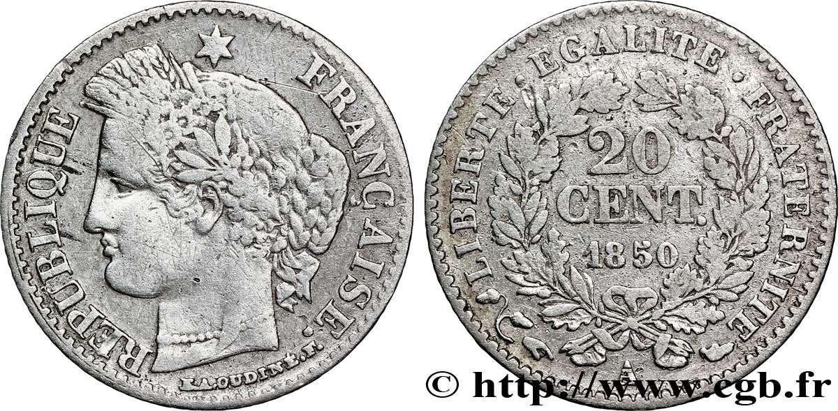 20 centimes Cérès, IIe République 1850 Paris F.146/2 TB25 