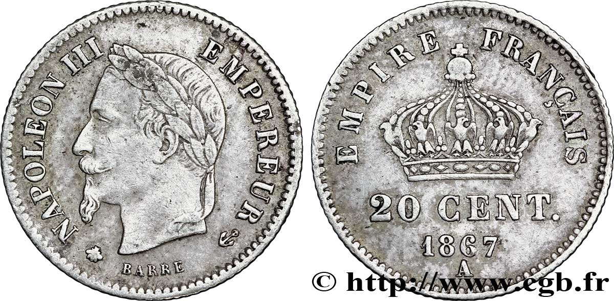 20 centimes Napoléon III, tête laurée, grand module 1867 Paris F.150/1 TTB48 