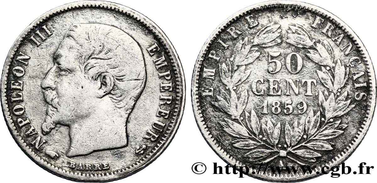 50 centimes Napoléon III, tête nue 1859 Paris F.187/10 TB20 