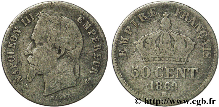 50 centimes Napoléon III, tête laurée 1869 Strasbourg F.188/23 F12 