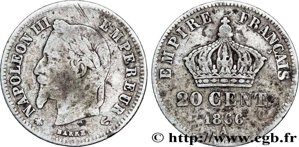 20 centimes Napoléon III, tête laurée, petit module 1866 Paris F.149/4 B12 