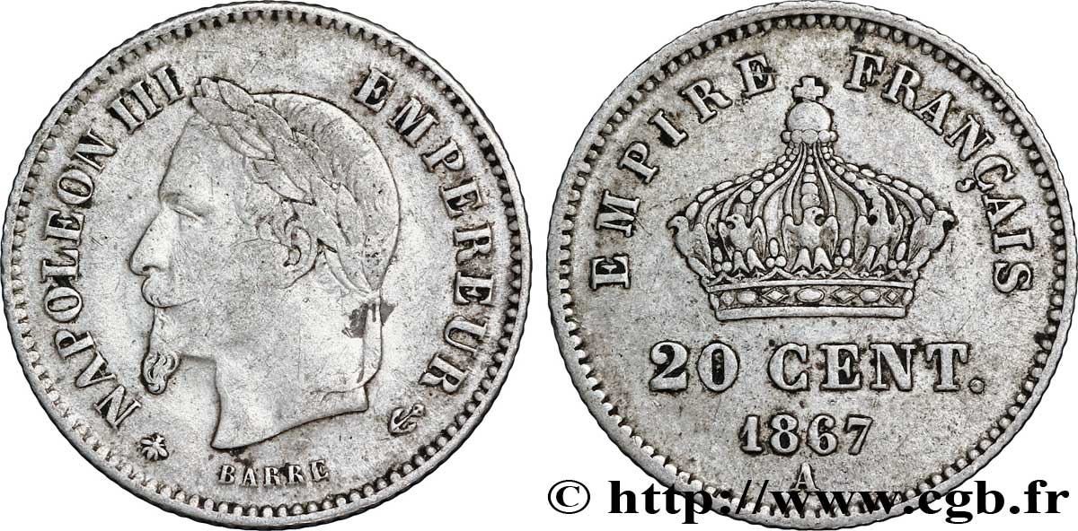 20 centimes Napoléon III, tête laurée, grand module 1867 Paris F.150/1 VF25 