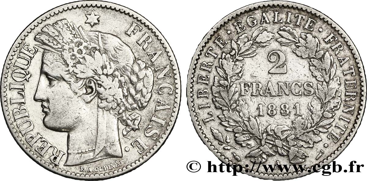 2 francs Cérès, avec légende 1881 Paris F.265/12 SS40 