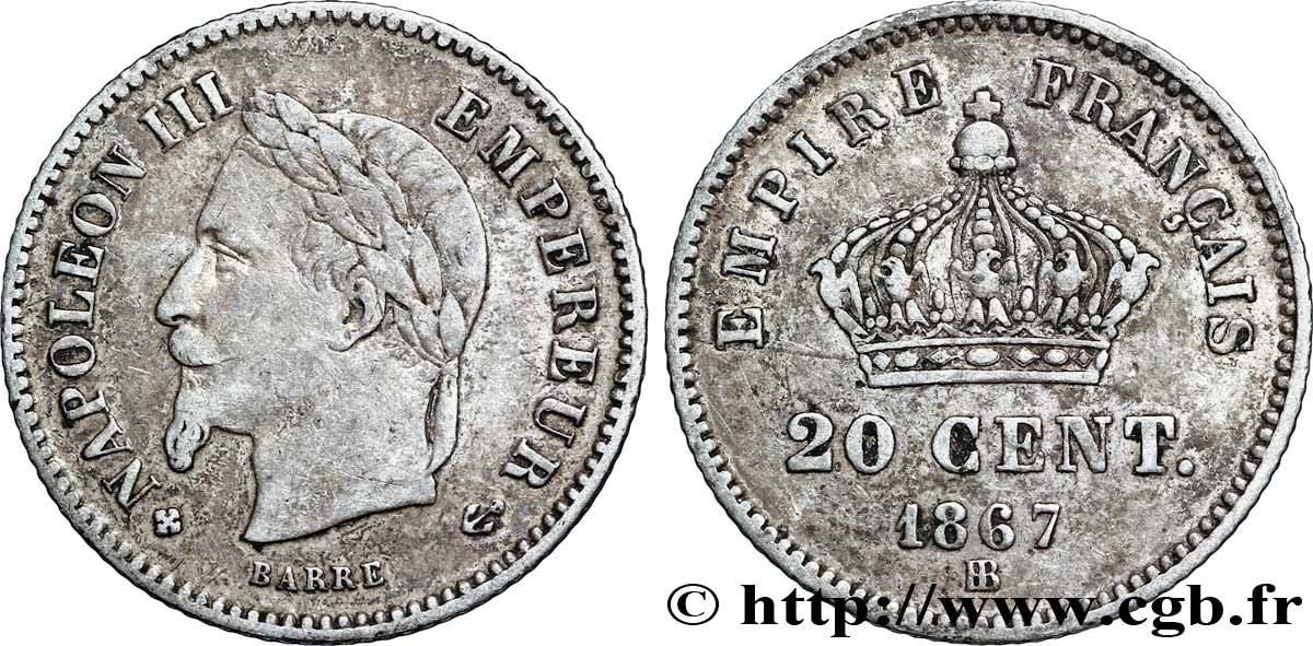 20 centimes Napoléon III, tête laurée, grand module 1867 Strasbourg F.150/2 MB25 