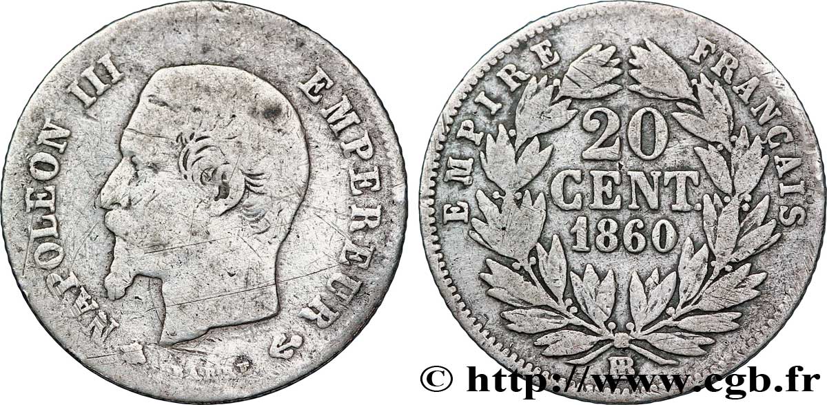 20 centimes Napoléon III, tête nue 1860 Strasbourg F.148/16 TB15 