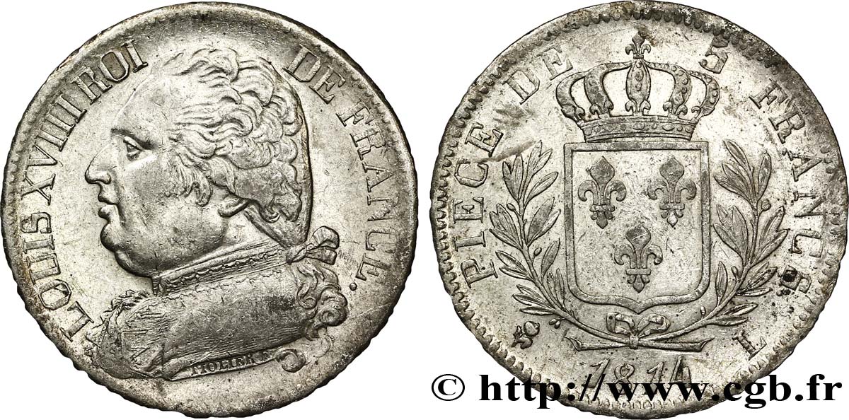 5 francs Louis XVIII, buste habillé 1814 Bayonne F.308/8 TTB48 