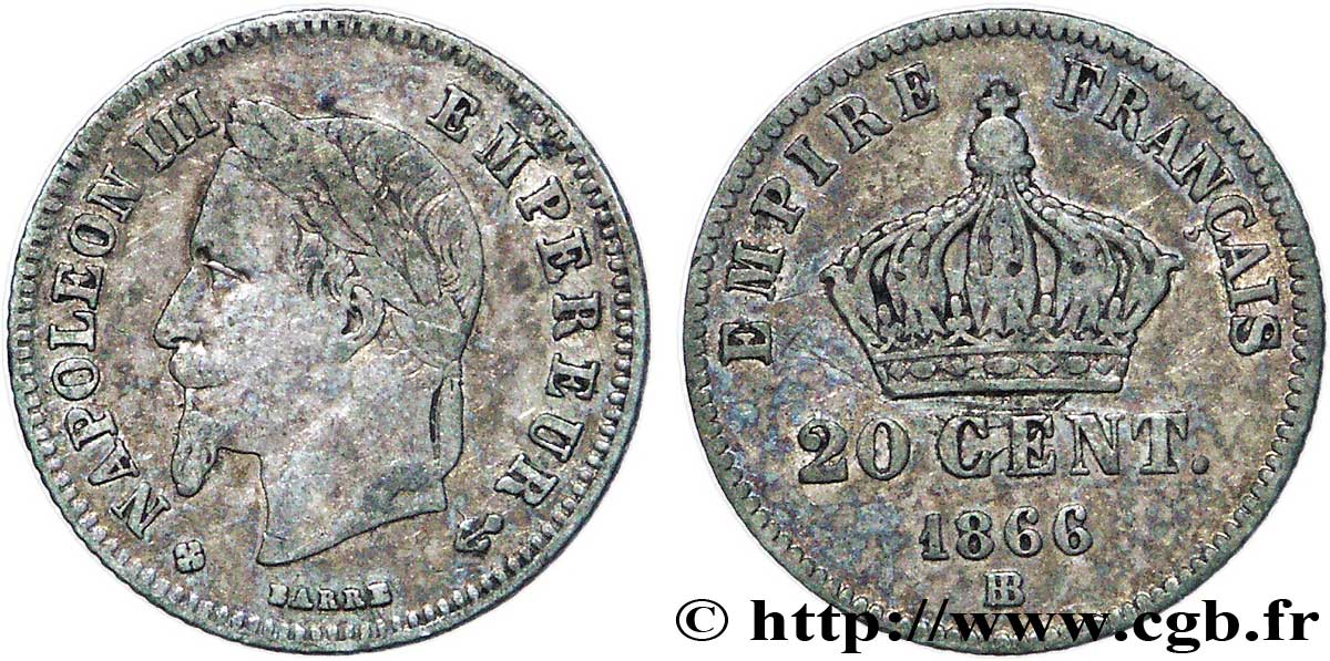 20 centimes Napoléon III, tête laurée, petit module 1866 Strasbourg F.149/5 TTB40 