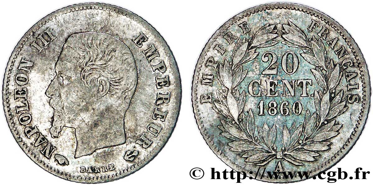 20 centimes Napoléon III, tête nue 1860 Paris F.148/14 TB30 
