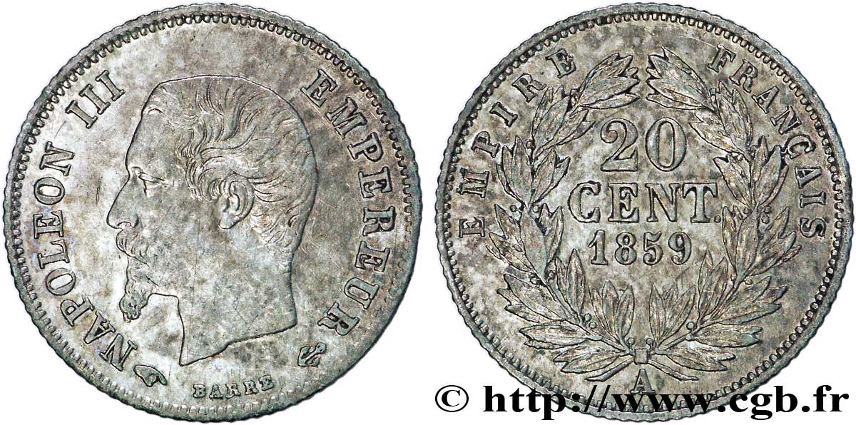 20 centimes Napoléon III, tête nue 1859 Paris F.148/12 TTB50 