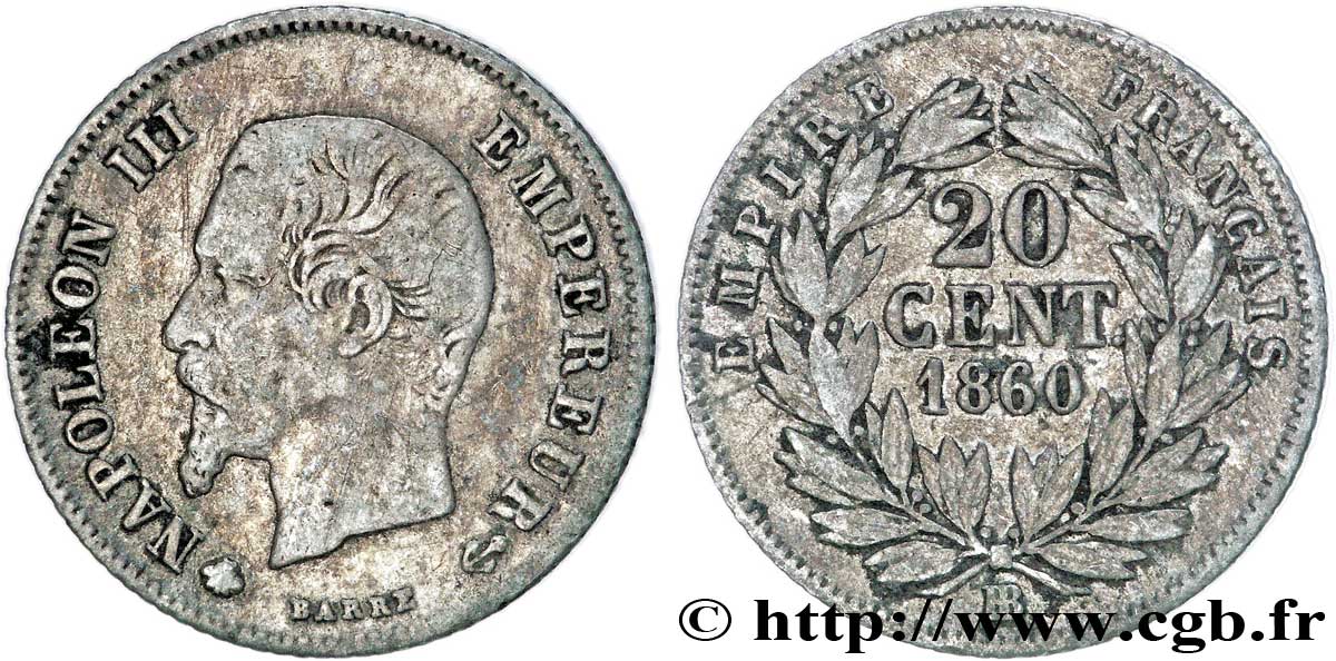 20 centimes Napoléon III, tête nue 1860 Strasbourg F.148/16 F18 
