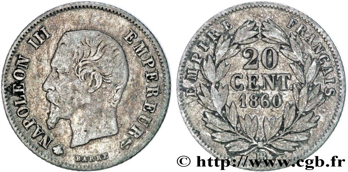 20 centimes Napoléon III, tête nue 1860 Strasbourg F.148/16 TB18 