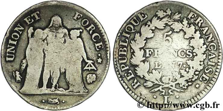 5 francs Union et Force, Union serré, seulement gland extérieur 1799 Bayonne/Paris F.288/116 B12 