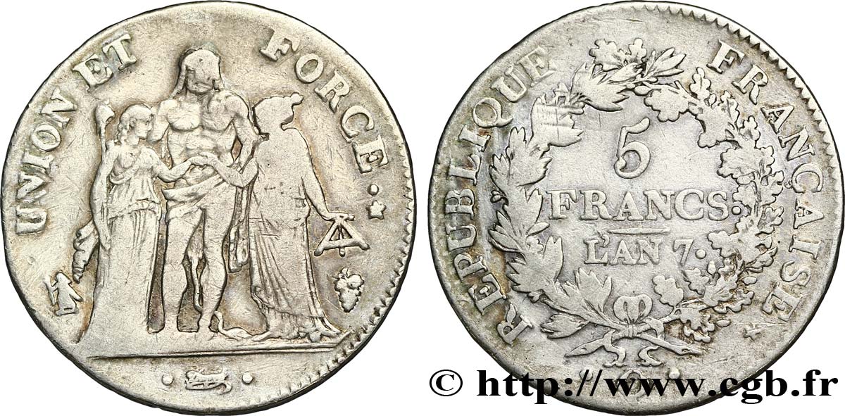 5 francs Union et Force, Union serré, seulement gland extérieur 1799 Perpignan F.288/118 MB22 