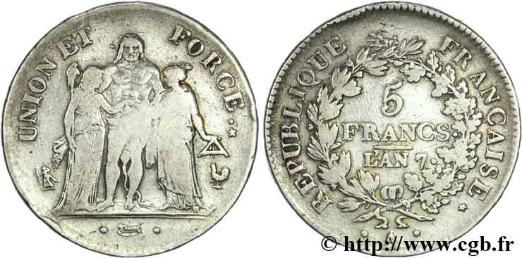 5 francs Union et Force, Union serré, seulement gland extérieur, petite feuille 1799 Paris F.288/99 F18 