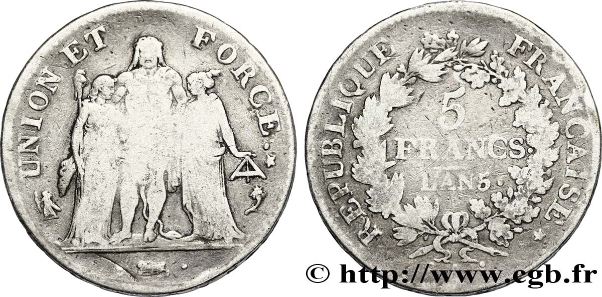 5 francs Union et Force, Union desserré, seulement gland extérieur 1797 Paris F.291/2 F18 