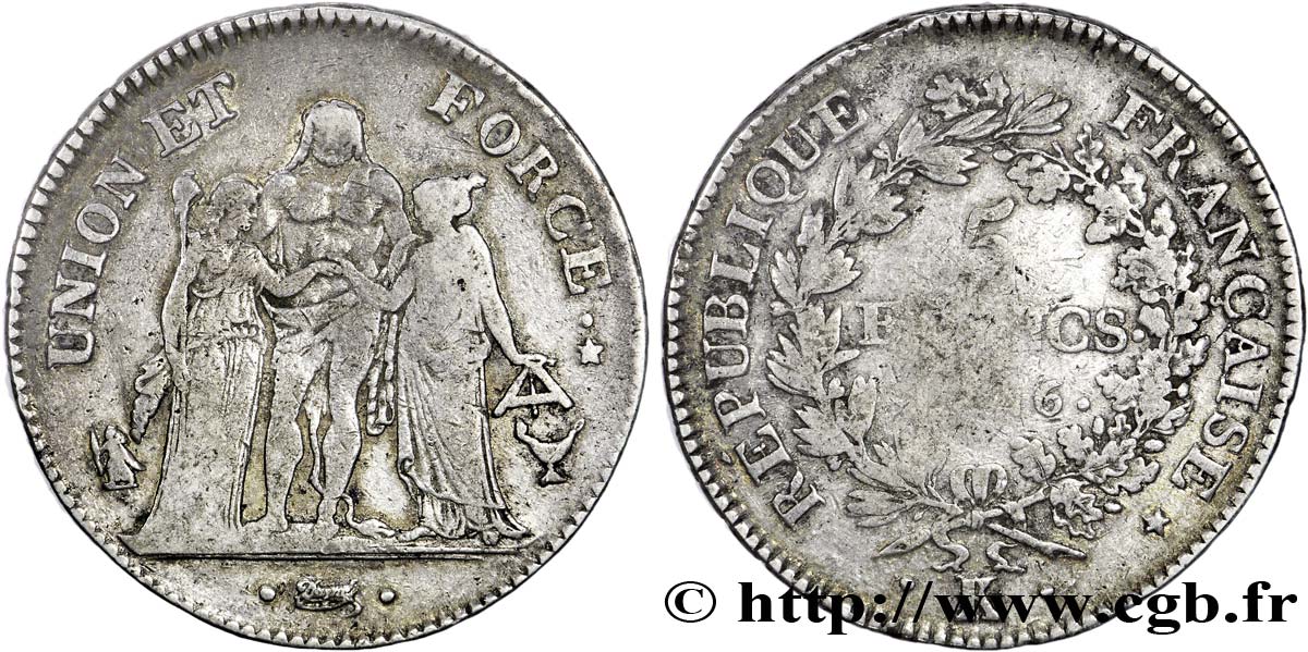 5 francs Union et Force, Union serré, seulement gland extérieur 1798 Bordeaux F.288/57 TB28 