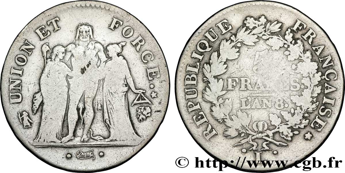 5 francs Union et Force, Union desserré, avec glands intérieurs et gland extérieur 1800 Bayonne F.291/38 TB18 
