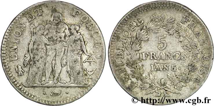 5 francs Union et Force, Union desserré, avec glands intérieurs et gland extérieur 1797 Bordeaux F.291/15 BC30 