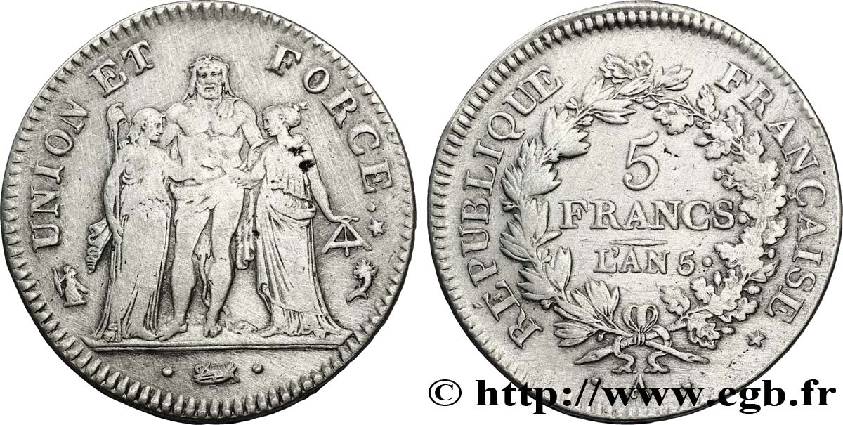 5 francs Union et Force, Union desserré, avec glands intérieurs et gland extérieur 1797 Paris F.291/5 TB35 