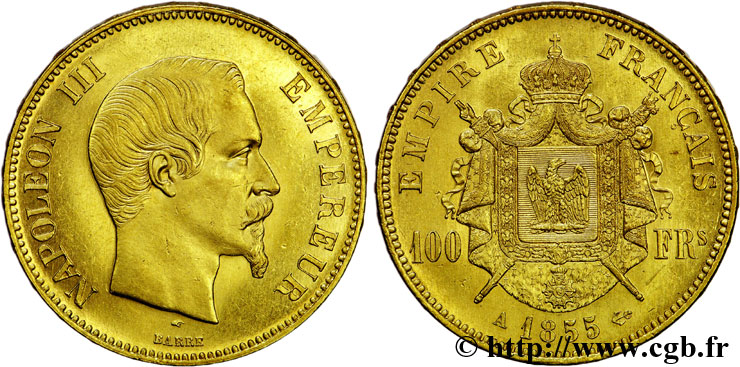 100 francs or Napoléon III, tête nue 1855 Paris F.550/1 MS61 