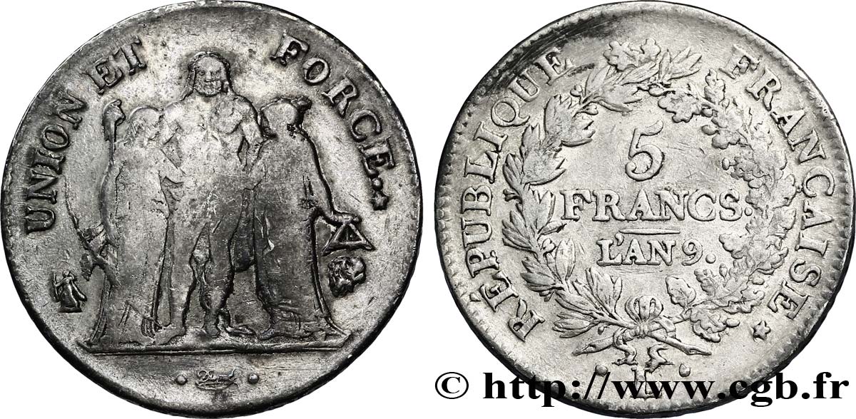 5 francs Union et Force, Union serré, avec glands intérieurs et gland extérieur 1801 Bayonne F.288/161 VF38 