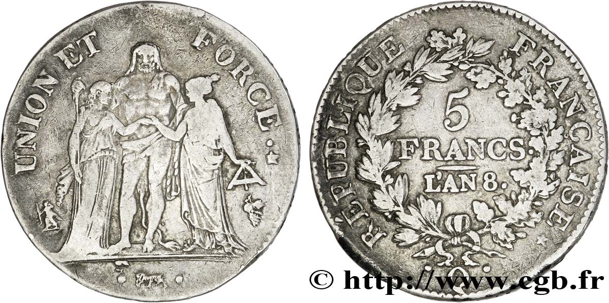 5 francs Union et Force, Union serré, avec glands intérieurs et gland extérieur 1800 Perpignan F.288/149 TTB45 