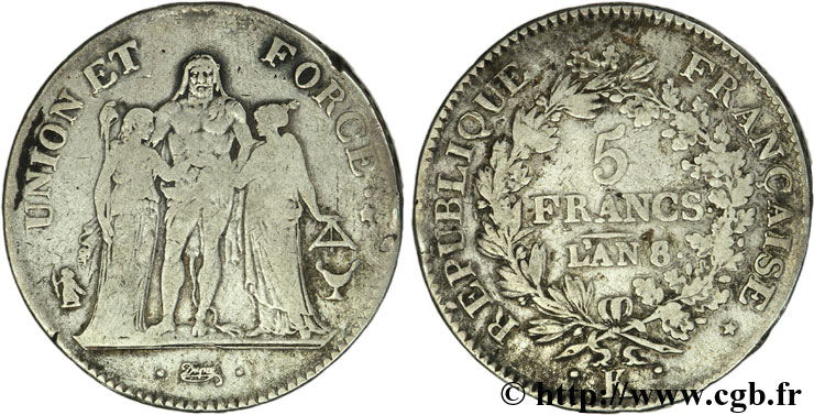 5 francs Union et Force, Union serré, avec glands intérieurs et gland extérieur 1800 Bordeaux F.288/133 MB22 