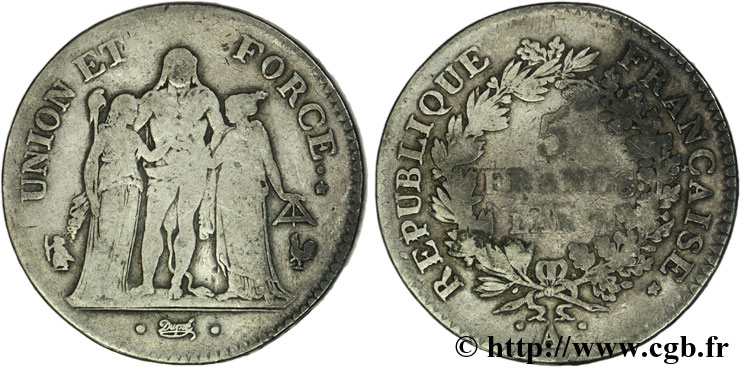 5 francs Union et Force, Union serré, avec glands intérieurs et gland extérieur 1799 Paris F.288/95 TB20 