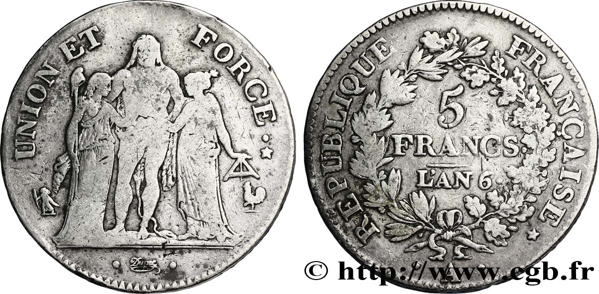 5 francs Union et Force, Union serré, avec glands intérieurs et gland extérieur 1798 Paris F.288/37 VF20 