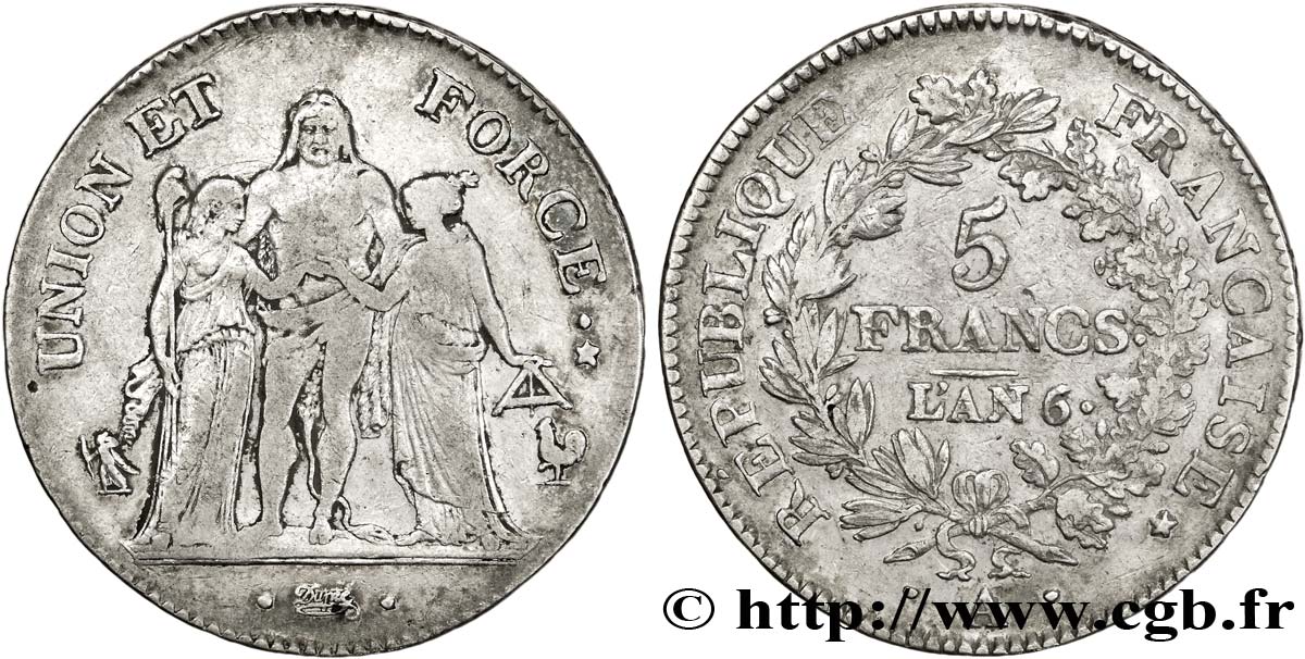 5 francs Union et Force, Union serré, avec glands intérieurs et gland extérieur 1798 Paris F.288/37 BC35 