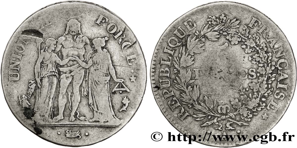 5 francs Union et Force, Union serré, avec glands, listel par virole 1796 Paris F.287/1 TB15 