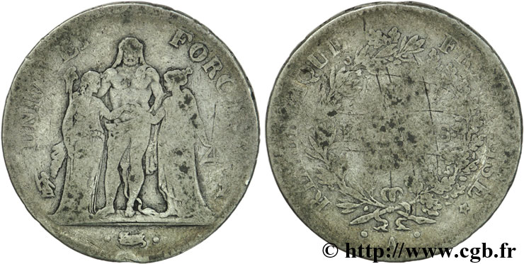 5 francs Union et Force, Union serré, avec glands intérieurs et gland extérieur 1796 Paris F.288/2 RC6 
