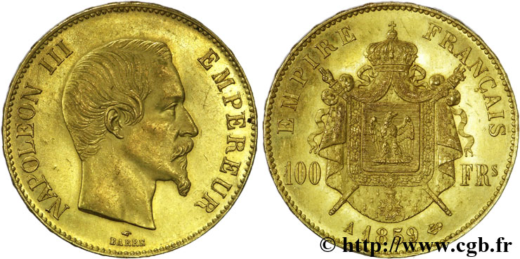 100 francs or Napoléon III, tête nue 1859 Paris F.550/7 AU55 
