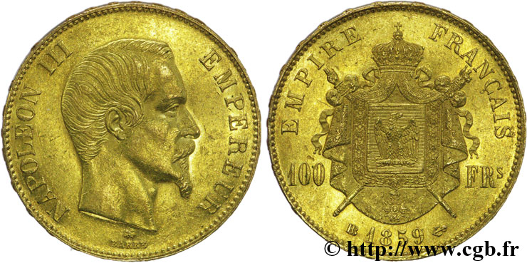 100 francs or Napoléon III, tête nue 1859 Strasbourg F.550/8 TTB50 