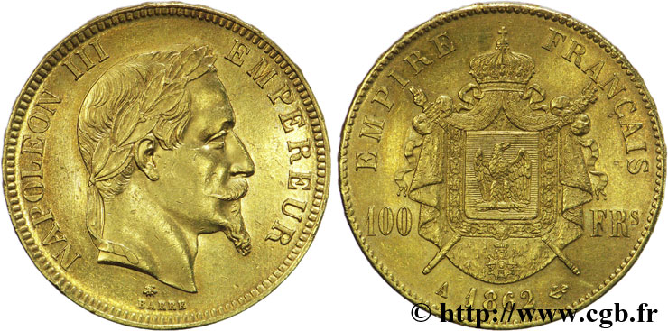 100 francs or Napoléon III, tête laurée 1862 Paris F.551/1 SUP55 