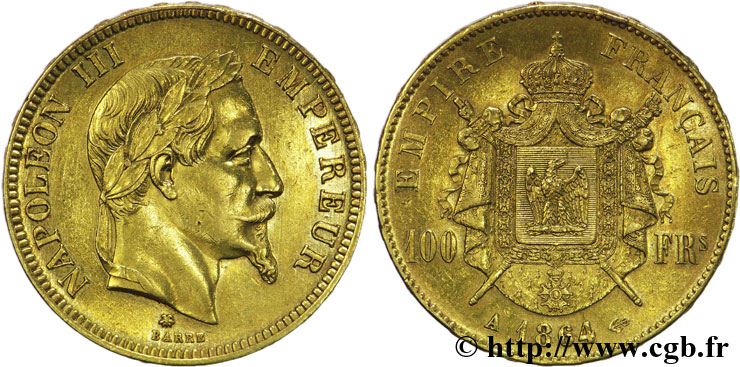 100 francs or Napoléon III, tête laurée 1864 Paris F.551/4 TTB50 