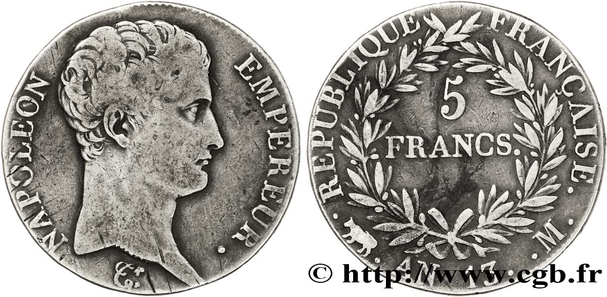 5 francs Napoléon Empereur, Calendrier révolutionnaire 1805 Toulouse F.303/13 TB35 