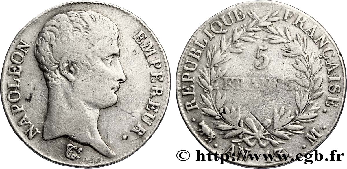 5 francs Napoléon Empereur, Calendrier révolutionnaire 1805 Toulouse F.303/13 VF25 