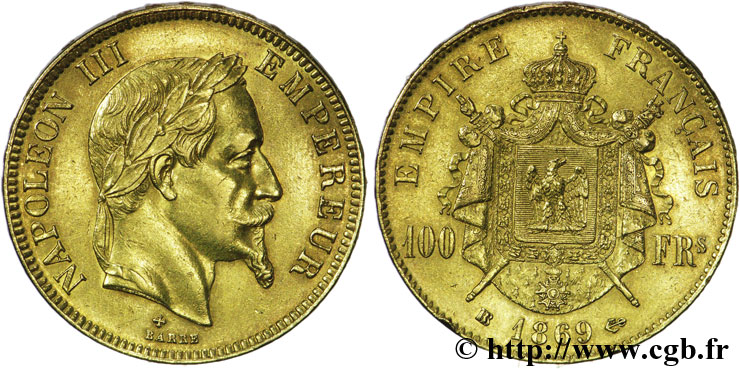 100 francs or Napoléon III, tête laurée 1869 Strasbourg F.551/13 SS48 