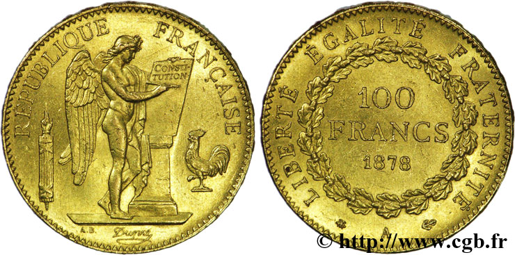 100 francs or Génie, tranche inscrite en relief Dieu protège la France 1878 Paris F.552/1 SPL55 