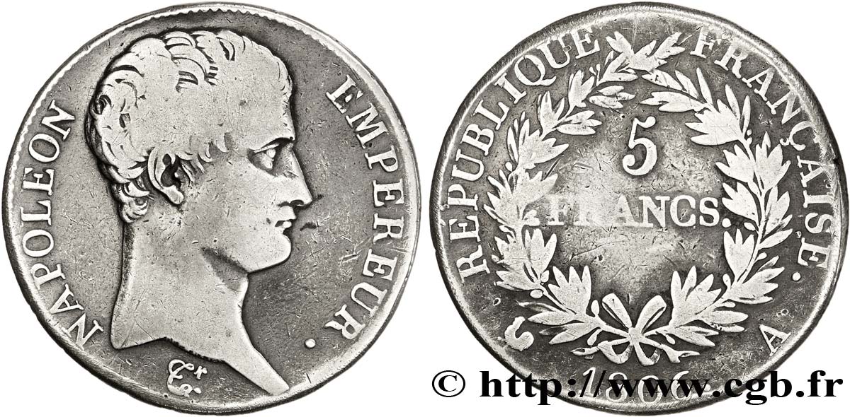 5 francs Napoléon Empereur, Calendrier grégorien 1806 Paris F.304/1 TB15 