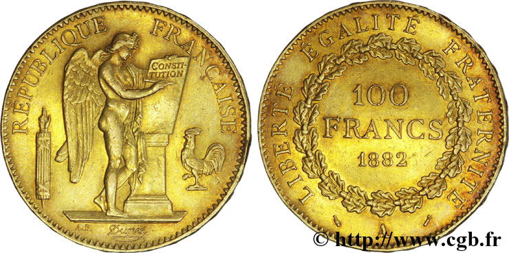 100 francs or Génie, tranche inscrite en relief Dieu protège la France 1882 Paris F.552/5 TTB53 