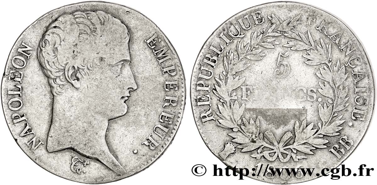 5 francs Napoléon Empereur, Calendrier grégorien 1806 Strasbourg F.304/3 TB25 