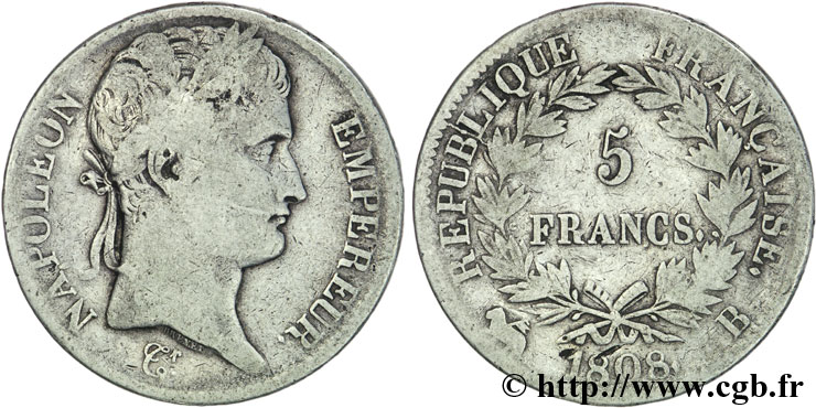5 francs Napoléon Empereur, République française 1808 Rouen F.306/3 S20 