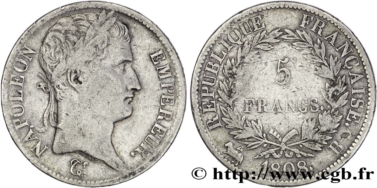 5 francs Napoléon Empereur, République française 1808 Rouen F.306/3 VF25 