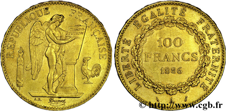 100 francs or Génie, tranche inscrite en relief Dieu protège la France 1886 Paris F.552/7 MS60 