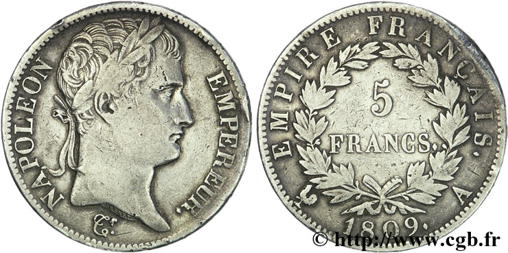 5 francs Napoléon Empereur, Empire français 1809 Paris F.307/1 TB35 