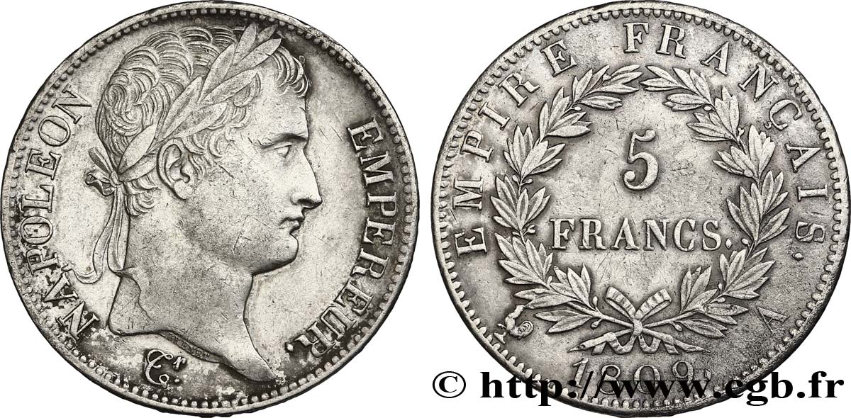 5 francs Napoléon Empereur, Empire français 1809 Paris F.307/1 TTB50 
