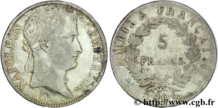 5 francs Napoléon Empereur, Empire français 1809 Bayonne F.307/8 TB25 