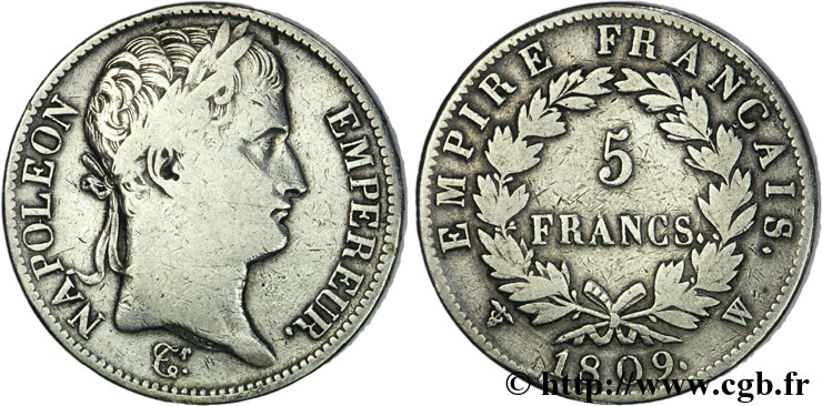 5 francs Napoléon Empereur, Empire français 1809 Lille F.307/13 TB23 